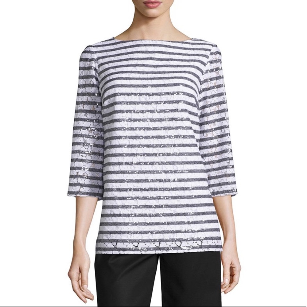 NEW MICHAEL KORS Stripe Sequin Lace Top Blouse